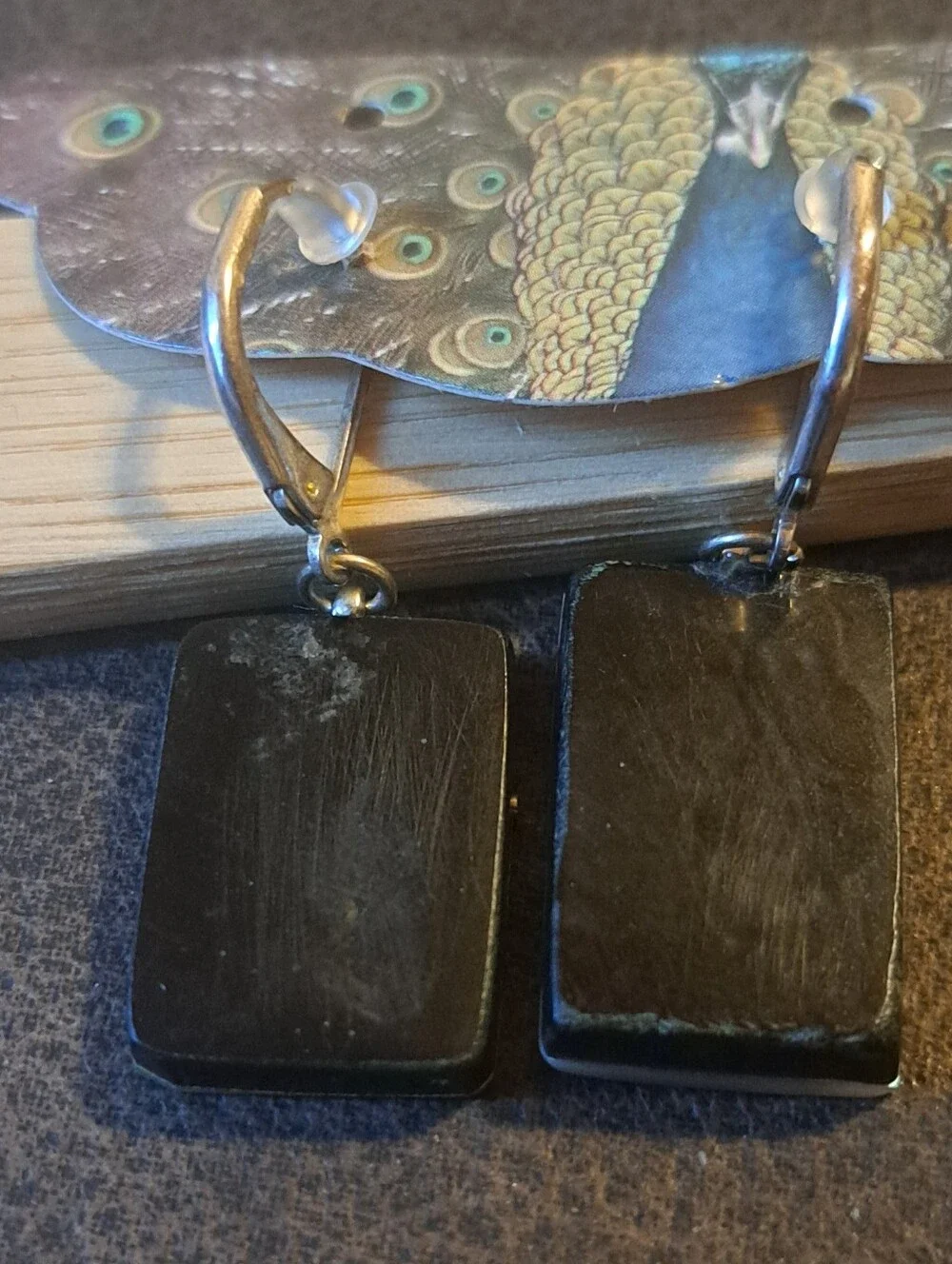 Inlayed Mother of Pearl Sterling Silver Slats Dangly Earrings Oblong Gorgeous